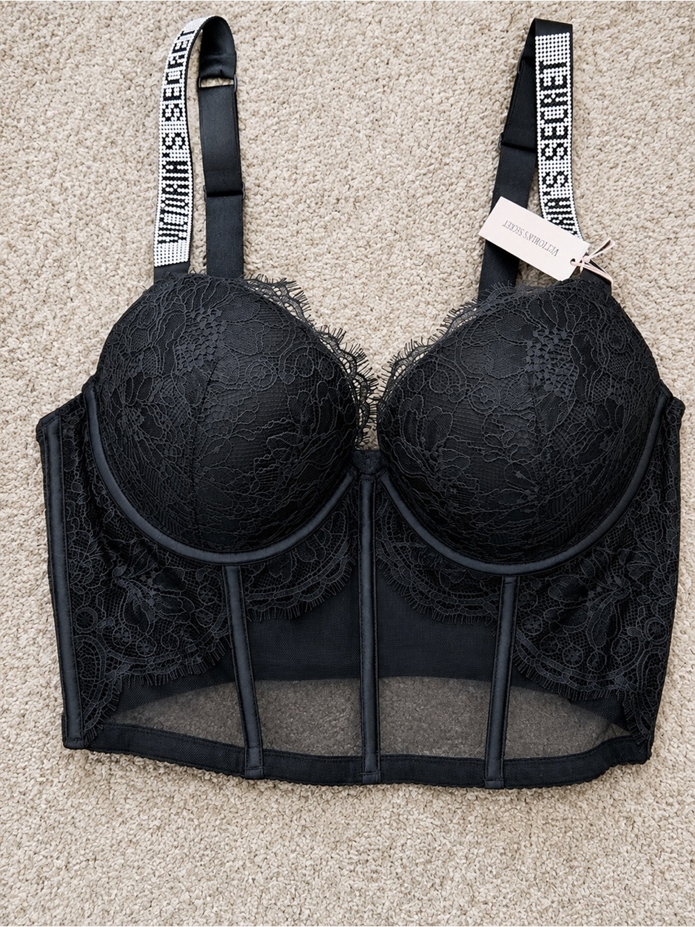Victoria's Secret Black Lace Longline Bustier Bra with Branded Straps